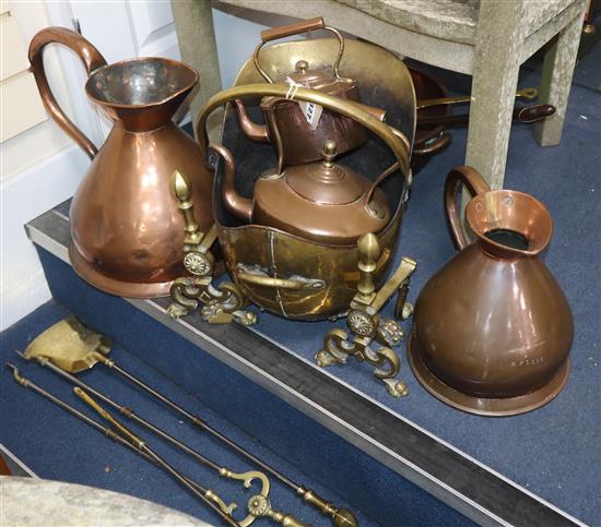 Six items of Victorian copper including a brass scuttle and irons